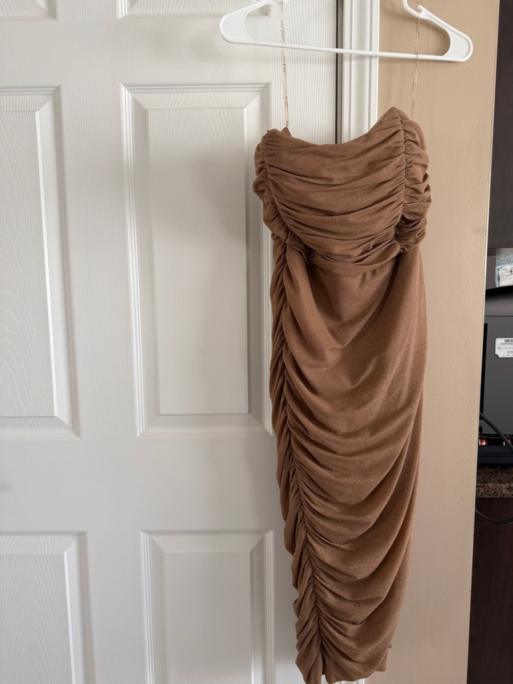 Rare London Strapless Ruched Midi Dress in Camel Brown